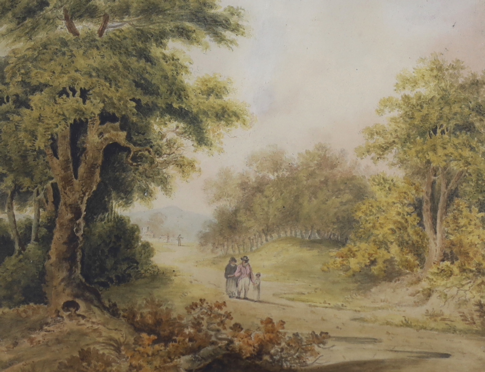 Early 19th century school, watercolour, Figures on a country pathway, 25cm x 19cm